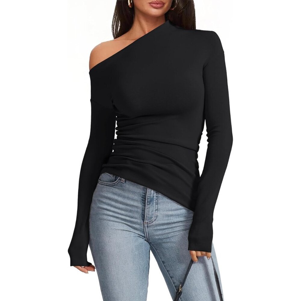 Women's Off Shoulder Top Long Sleeve Asymmetrical Slim Fit Fall Blouse
